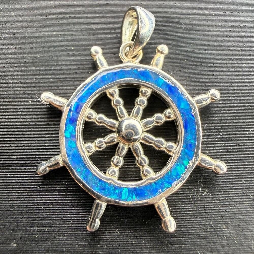Solid 925 Sterling Silver Blue Lab Opal Pirate Ship Steering Wheel Pendant